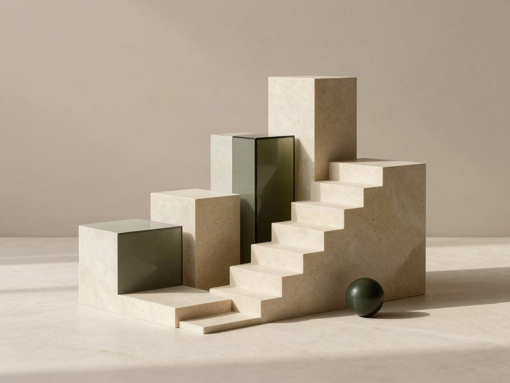Sculptural limestone steps and olive architectural blocks, representing structured thinking and business growth